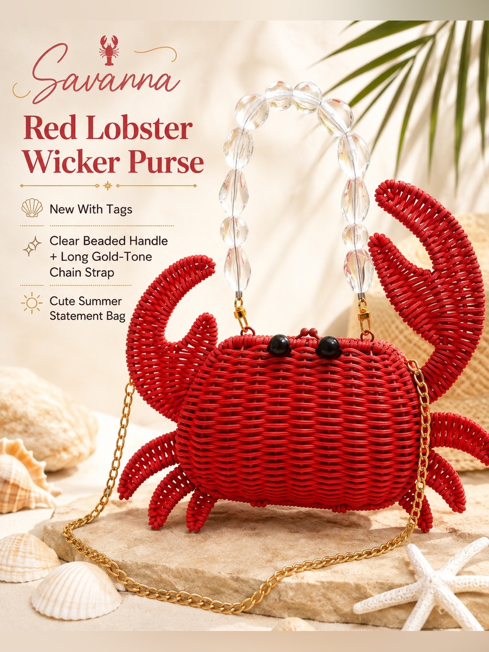 Savanna Red Lobster Wicker clutch & Crossbody with Gold Chain